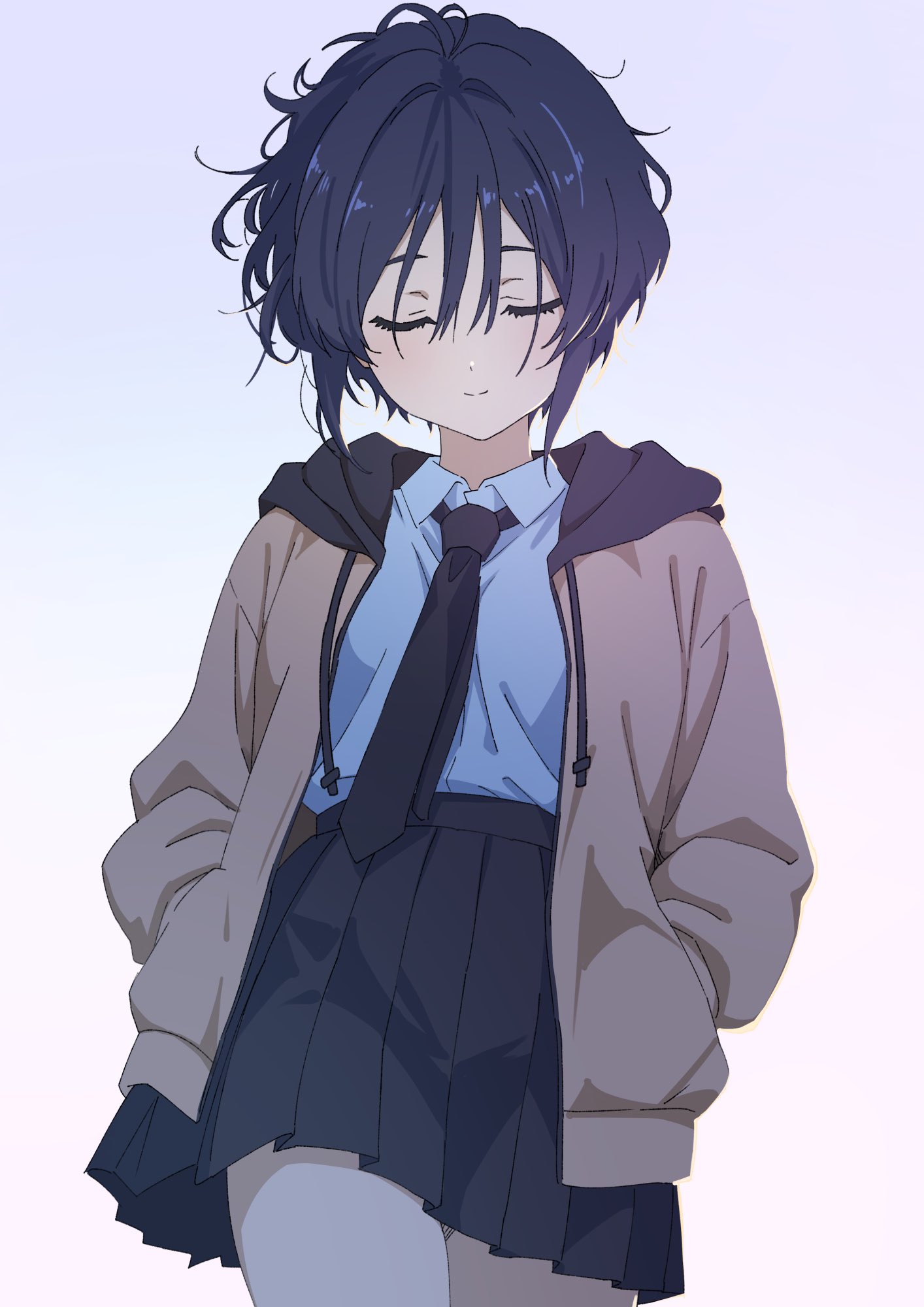 furumoto, takigawa miu, 22/7, highres, 1girl, black hair, black necktie, black skirt, blue hood, blue shirt, brown hoodie, closed eyes, closed mouth, collared shirt, cowboy shot, hands in pockets, hood, hood down, hoodie, miniskirt, necktie, official alternate costume, open clothes, open hoodie, pleated skirt, shirt, short hair, simple background, skirt, solo, standing, u u, wavy hair, white background