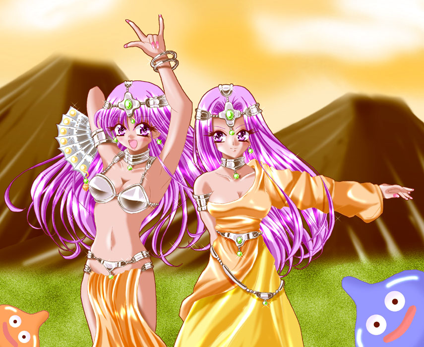 yukinyan, manya (dq4), minea (dq4), she-slime, slime (dragon quest), chunsoft, dragon quest, dragon quest iv, enix, 2girls, m/, armband, armlet, armor, arms up, asymmetrical clothes, bare shoulders, belly chain, belt, bikini, bikini armor, bikini top only, blue skin, blush, bracelet, breasts, circlet, cleavage, cloud, colored skin, dancer, dancing, dark-skinned female, dark skin, dress, earrings, eyelashes, fingernails, folding fan, gem, grass, hair intakes, hand fan, hat, holding, jewelry, light smile, loincloth, long fingernails, long hair, looking at viewer, lots of jewelry, monster, mountain, multiple girls, nail polish, navel, neck ring, orange skin, outdoors, outstretched arms, parted bangs, peeking, pelvic curtain, pink nails, purple eyes, purple hair, shiny clothes, siblings, sisters, sky, smile, sparkle, standing, sunset, swimsuit, tiara, very long hair, yellow dress