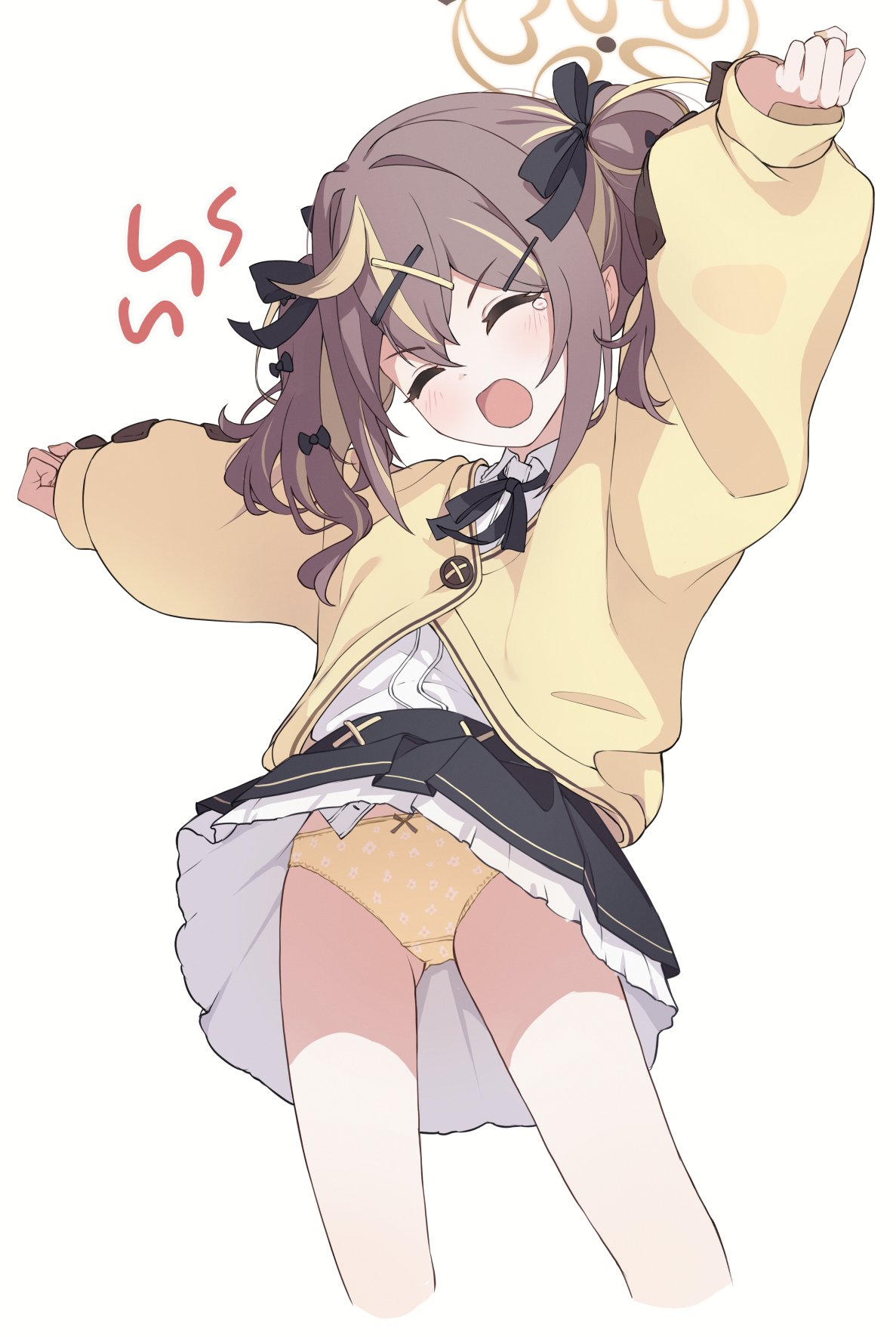 ripnte, rena (blue archive), blue archive, commentary, highres, 1girl, arms up, black ribbon, black skirt, blonde hair, bow, bow panties, brown hair, brown halo, cardigan, closed eyes, cowboy shot, crotch seam, frilled skirt, frills, hair intakes, hair ornament, hair ribbon, hairclip, halo, multicolored hair, neck ribbon, open mouth, panties, pantyshot, polka dot, polka dot panties, ribbon, shirt, short hair, sidelocks, skirt, sleepy, solo, streaked hair, stretching, underwear, white shirt, wind, wind lift, x hair ornament, yawning, yellow cardigan, yellow panties