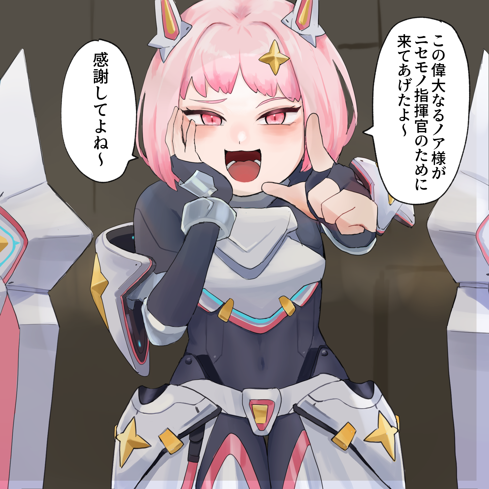 noah (nikke), goddess of victory: nikke, highres, translation request, 1girl, armor, armored bodysuit, armored boots, armored gloves, armored skirt, black bodysuit, bodysuit, boots, breastplate, hand on own cheek, hand on own face, hip armor, looking at viewer, nanoll777, pink eyes, pink hair, pointing, shield, short hair, shoulder armor, solo, sparkle hair ornament, two-sided capelet