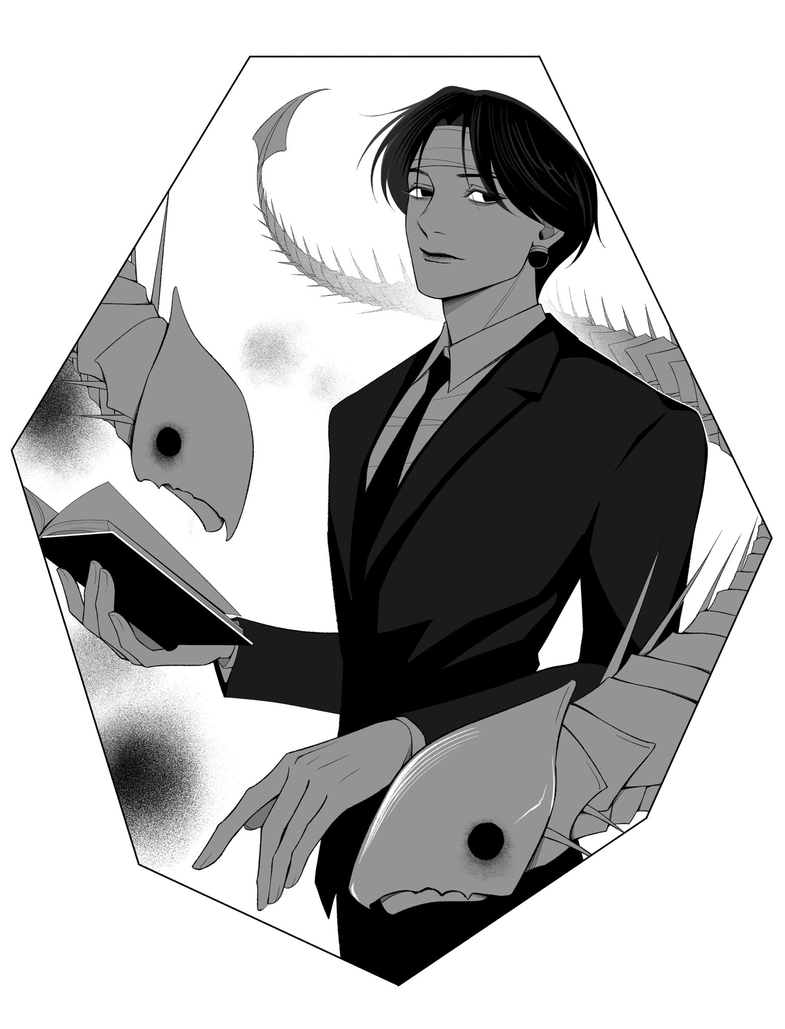 chrollo lucilfer, hunter x hunter, highres, 1boy, 63roku63, bandaged head, bandages, black eyes, black hair, earrings, formal clothes, greyscale, holding, jewelry, male focus, monochrome, necktie, shirt, short hair, simple background, solo, suit, upper body, white shirt