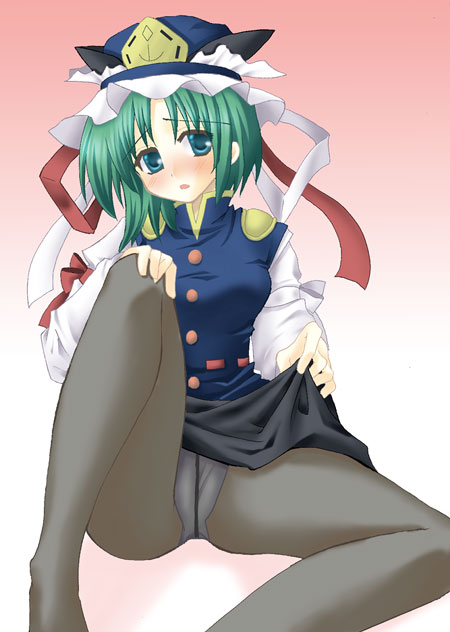shiki eiki, touhou, 1girl, blue eyes, blush, crotch seam, female focus, green hair, hat, panties, panties under pantyhose, pantyhose, pantyshot, ribbon, solo, underwear, upskirt
