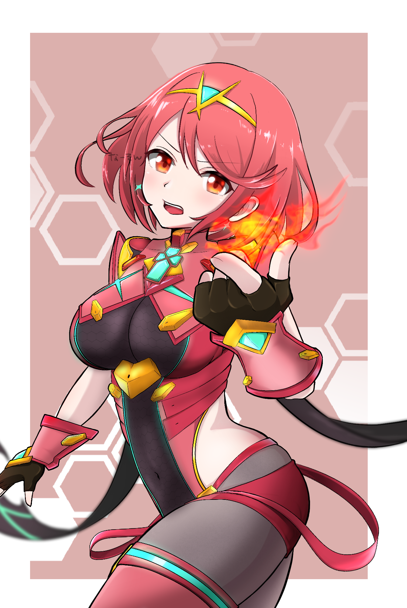 pyra (xenoblade), nintendo, super smash bros., xenoblade chronicles (series), xenoblade chronicles 2, chinese commentary, commentary request, highres, 1girl, armor, backless outfit, black gloves, bob cut, breasts, chest jewel, core crystal (xenoblade), earrings, fingerless gloves, fire, floating earrings, gloves, hand up, impossible clothes, jewelry, large breasts, na son (nq son), open mouth, pantyhose, pyrokinesis, red eyes, red hair, red shorts, short hair, short sleeves, shorts, shoulder armor, solo, suspenders, swept bangs, thighhighs, thighhighs over pantyhose, tiara, v-shaped eyebrows