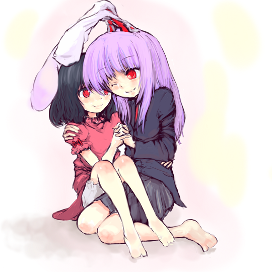 tasu tasuta, inaba tewi, reisen udongein inaba, touhou, bad id, bad pixiv id, 2girls, animal ears, barefoot, blazer, bloomers, bow, female focus, full body, gradient background, holding hands, hug, jacket, long hair, multiple girls, pleated skirt, rabbit ears, red eyes, skirt, underwear, white background