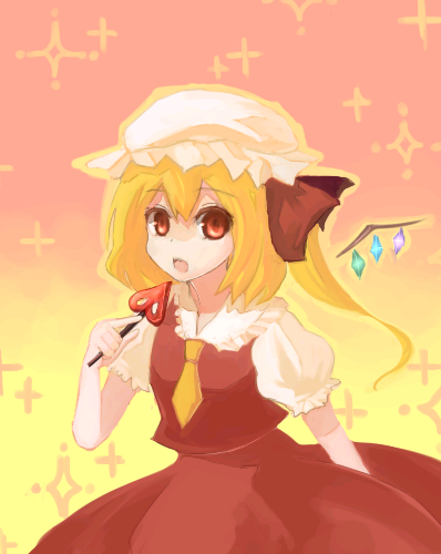 kame, flandre scarlet, touhou, bad id, bad pixiv id, lowres, 1girl, blonde hair, crystal, female focus, gradient background, hat, mob cap, necktie, pink background, ribbon, solo, sparkle, standing, wings, yellow background, yellow necktie