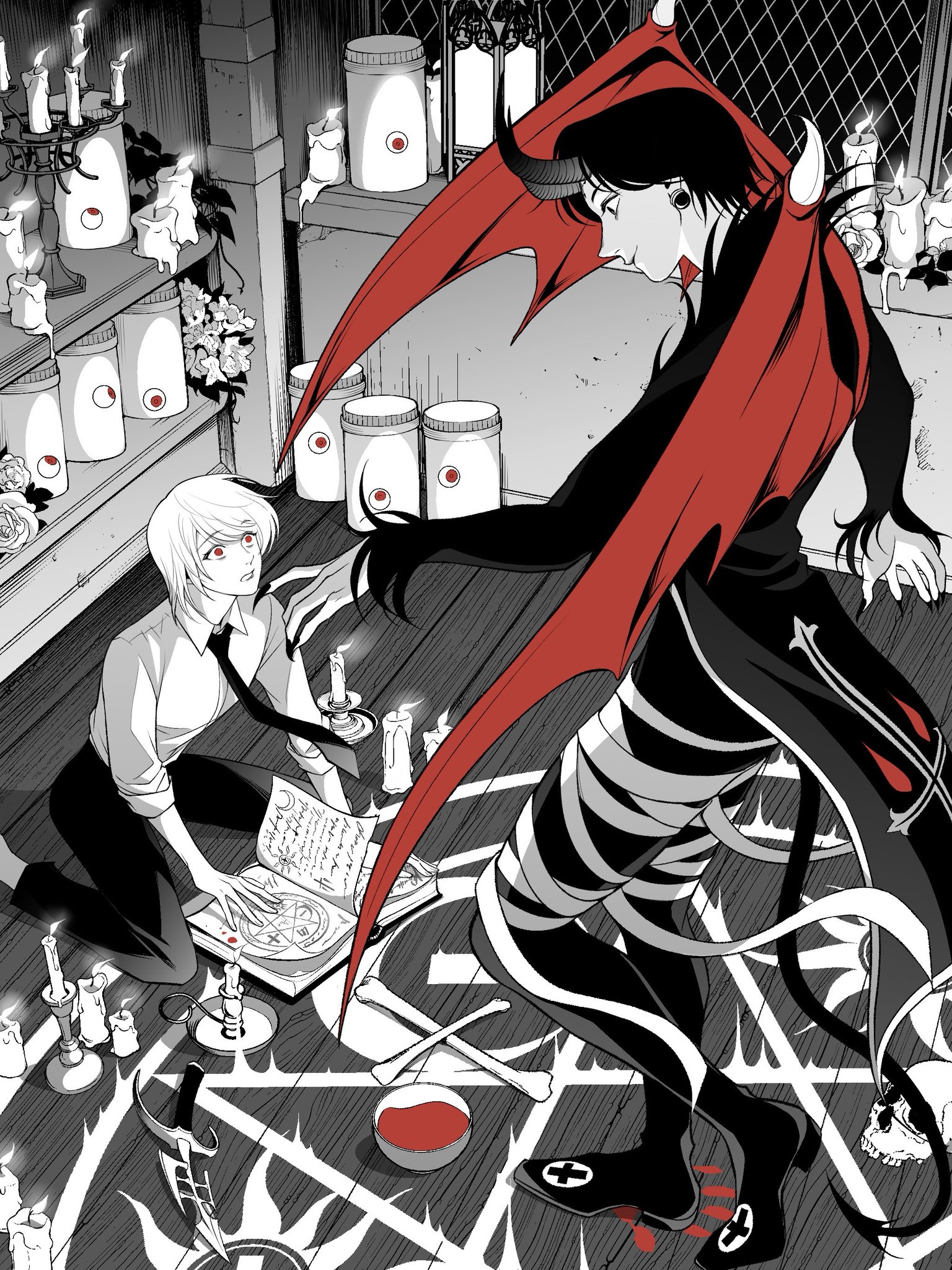 chrollo lucilfer, kurapika, hunter x hunter, highres, 63roku63, black hair, blood, book, candle, collared shirt, demon boy, demon horns, demon tail, demon wings, eyeball, flower, horns, shirt, tail, wings