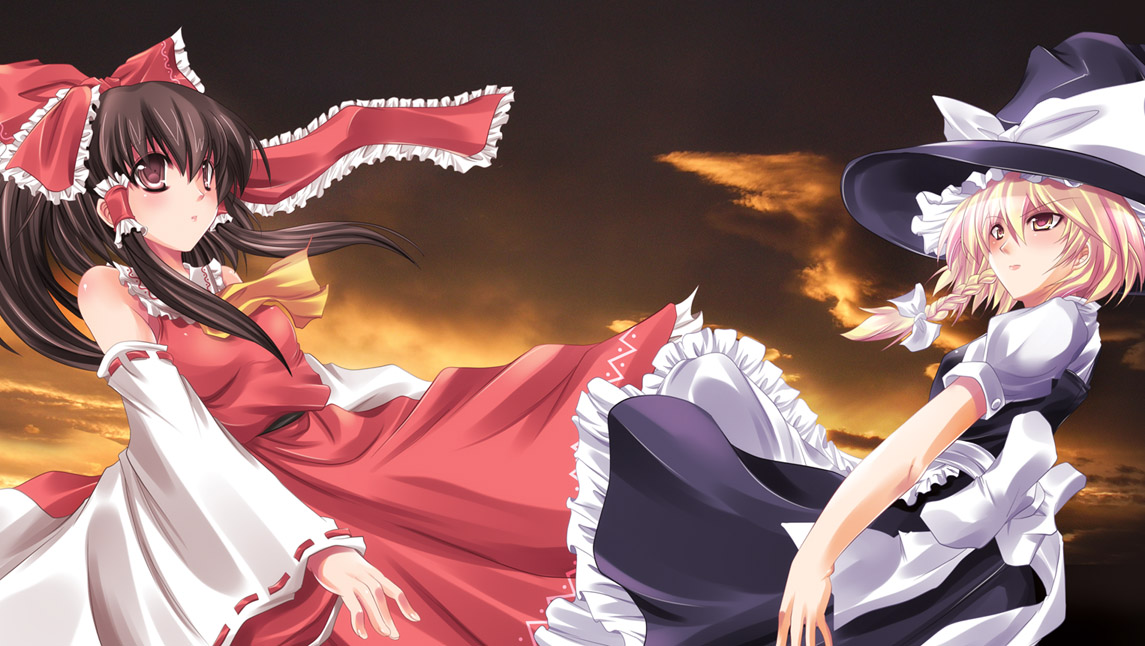 maki (seventh heaven maxion), hakurei reimu, kirisame marisa, touhou, bad id, bad pixiv id, 2girls, female focus, hat, japanese clothes, miko, multiple girls, outdoors, sky, witch, witch hat