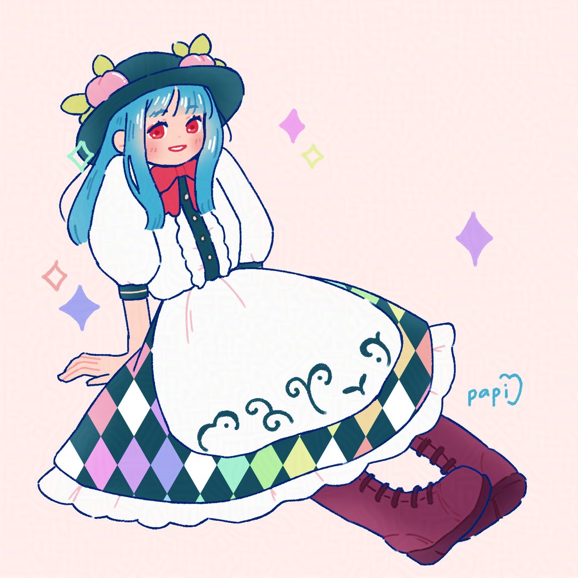 papi apricot, hinanawi tenshi, touhou, commentary, english commentary, mixed-language commentary, apron, black hat, blue hair, blunt bangs, hat, hime cut, on floor, peach hat ornament, red eyes, shirt, short sleeves, sitting, sparkle, waist apron, white shirt