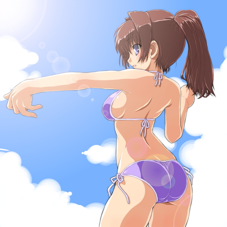 dd (ijigendd), original, bad id, bad pixiv id, 1girl, arched back, ass, back, bikini, blue eyes, breasts, brown hair, cloud, day, female focus, lens flare, medium breasts, outstretched arm, ponytail, purple bikini, side-tie bikini bottom, sideboob, sky, solo, swimsuit