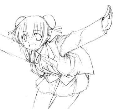 kasuga yukihito, narutaki fumika, mahou sensei negima!, lowres, 00s, bun cover, double bun, greyscale, monochrome, outstretched arms, school uniform, serafuku, sketch, solo, spread arms