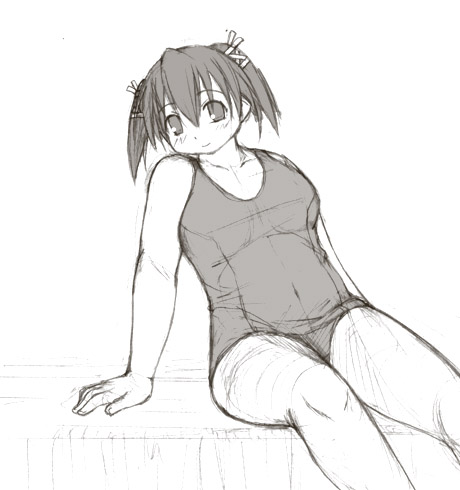 kasuga yukihito, yotsuba satsuki, mahou sensei negima!, lowres, 00s, 1girl, breasts, covered navel, female focus, greyscale, looking at viewer, medium breasts, monochrome, one-piece swimsuit, plump, school swimsuit, sitting, sketch, smile, solo, swimsuit
