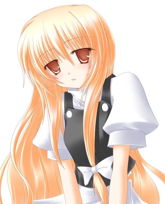 shirotsuki kouta, kirisame marisa, touhou, 1girl, blonde hair, bow, female focus, hair bow, long hair, no headwear, orange eyes, simple background, sleepy, solo