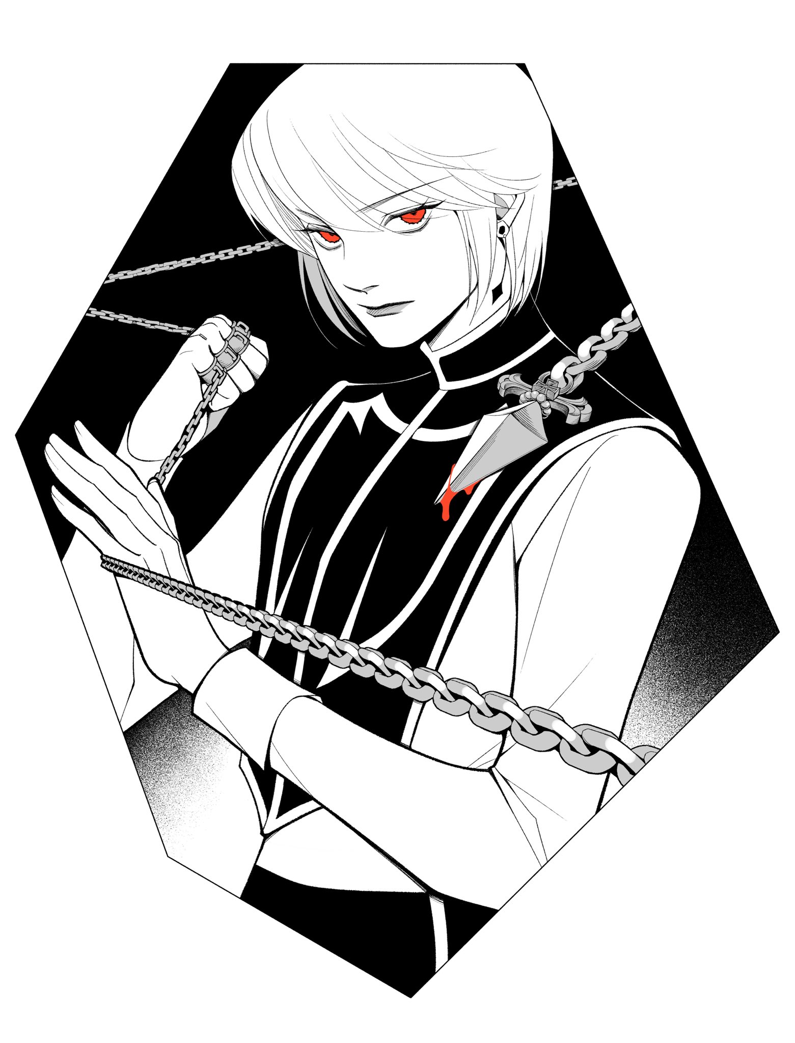 kurapika, hunter x hunter, highres, 1boy, 63roku63, androgynous, blood, chain, closed mouth, earrings, hand chains, jewelry, lips, long sleeves, looking at viewer, male focus, red eyes, ring, short hair, solo, upper body