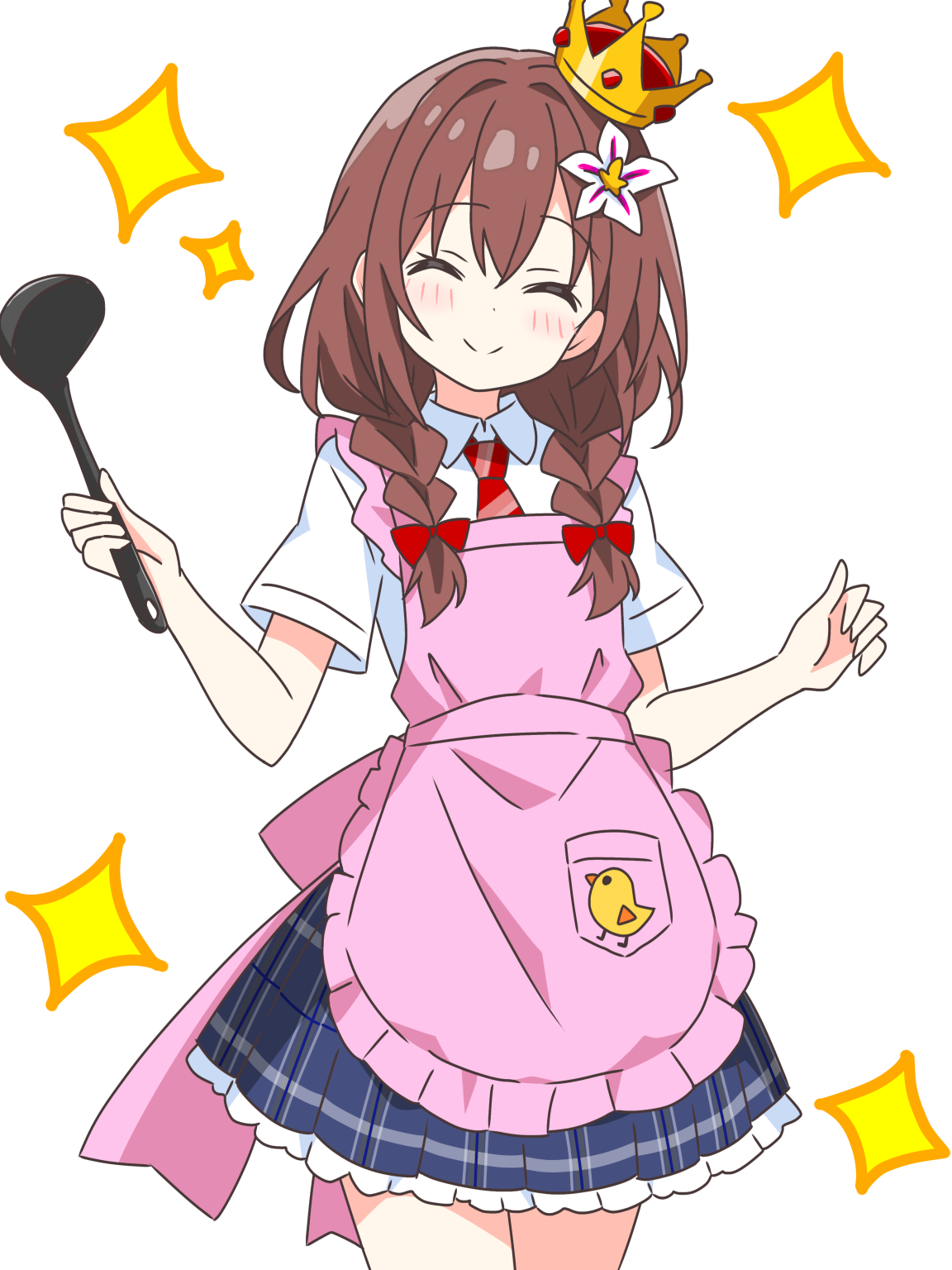 kotatsu-mazoku, original, commentary request, highres, 1girl, ^ ^, apron, blue skirt, blush, bow, braid, brown hair, closed eyes, closed mouth, collared shirt, cowboy shot, crown, dot nose, facing viewer, flower, frilled skirt, frills, hair bow, hair flower, hair ornament, holding, holding ladle, ladle, long hair, necktie, pink apron, pink apron girl (kotatsu-mazoku), plaid clothes, plaid skirt, pleated skirt, red bow, red necktie, school uniform, shirt, short sleeves, simple background, skirt, smile, solo, sparkle, striped necktie, twin braids, white background, white shirt