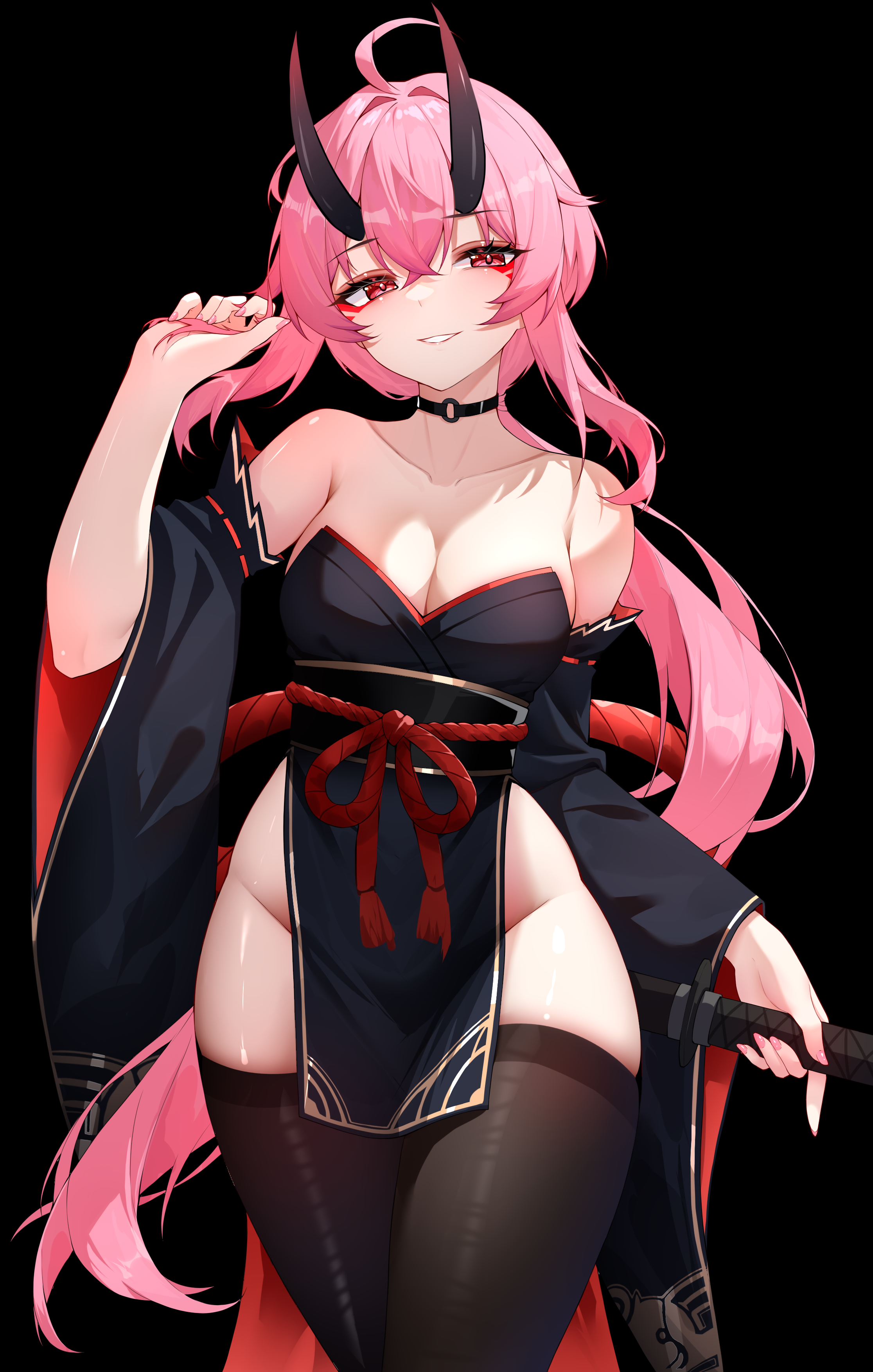aemilo, original, absurdres, commentary, highres, symbol-only commentary, 1girl, ahoge, armpit crease, bare shoulders, black background, black choker, black kimono, black thighhighs, breasts, choker, cleavage, collarbone, cowboy shot, crossed bangs, dated commentary, detached sleeves, fingernails, gradient horns, grin, groin, hair between eyes, hand up, holding, holding own hair, holding sword, holding weapon, horns, japanese clothes, katana, kimono, long hair, long sleeves, looking at viewer, medium breasts, multicolored horns, o-ring, o-ring choker, parted lips, pelvic curtain, pink hair, pink nails, red eyes, red horns, rope, scabbard, sheath, sheathed, short kimono, sidelocks, simple background, smile, solo, standing, strapless kimono, sword, tassel, thighhighs, two-tone horns, very long hair, weapon, wide sleeves