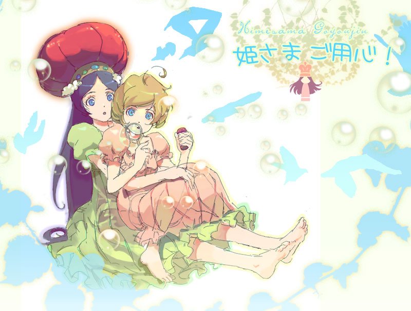 119, 1ten, bad id, bad pixiv id, 2girls, barefoot, black hair, blonde hair, blowing bubbles, blue eyes, bubble, dress, feet, hat, hug, long hair, multiple girls, short hair, sitting, sitting on lap, sitting on person