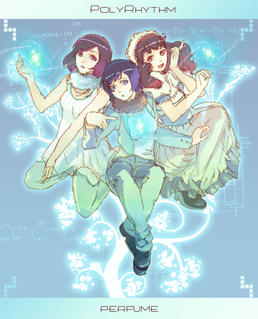 119, 1ten, perfume (band), bad id, bad pixiv id, 3girls, blue eyes, blue hair, denim, dress, happy, jeans, kneeling, long hair, multiple girls, pants, purple eyes, purple hair, red eyes, red hair, scarf, short hair, sitting, smile