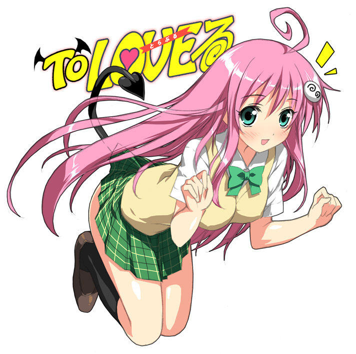 kantoku, lala satalin deviluke, peke (to love-ru), to love-ru, 00s, 1girl, female focus, green eyes, pink hair, plaid clothes, plaid skirt, school uniform, serafuku, skirt, solo, sweater vest, tail, vest