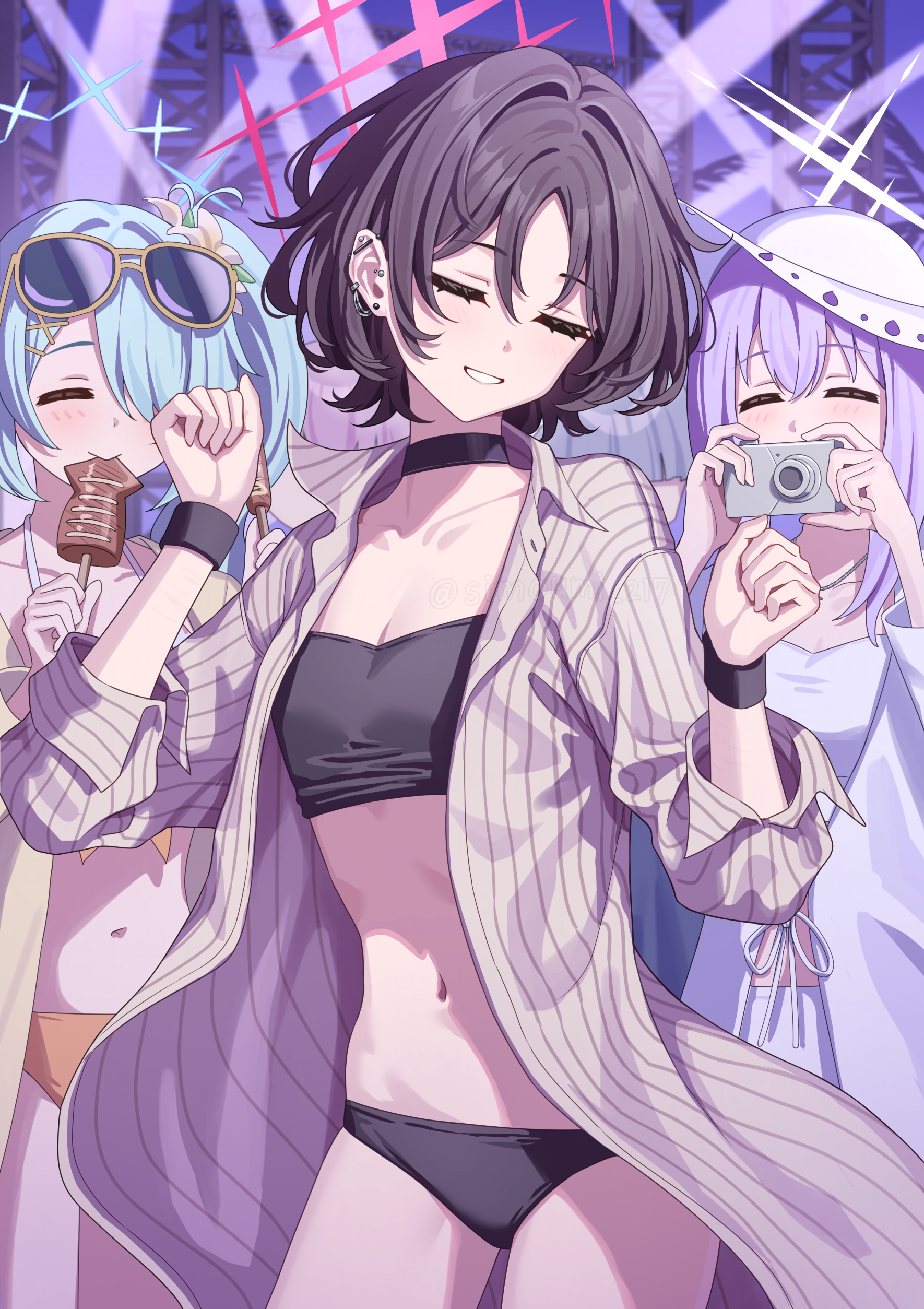 simoumi 217, atsuko (blue archive), atsuko (swimsuit) (blue archive), hiyori (blue archive), hiyori (swimsuit) (blue archive), misaki (blue archive), misaki (swimsuit) (blue archive), blue archive, absurdres, commentary request, highres, 3girls, ^ ^, aqua hair, barbell piercing, bikini, black bikini, black choker, black hair, breasts, camera, choker, closed eyes, cross halo, ear piercing, eyewear on head, floral print bikini, flower, hair flower, hair intakes, hair ornament, hair over one eye, halo, hands up, hat, holding, holding camera, industrial piercing, multiple girls, navel, official alternate costume, official alternate hairstyle, orange bikini, piercing, pinstripe pattern, pinstripe shirt, purple hair, red halo, shirt, side ponytail, small breasts, solo focus, stomach, striped clothes, striped shirt, sun hat, sunglasses, swimsuit, vertical-striped clothes, vertical-striped shirt, white bikini, white halo, white hat, yellow-framed eyewear