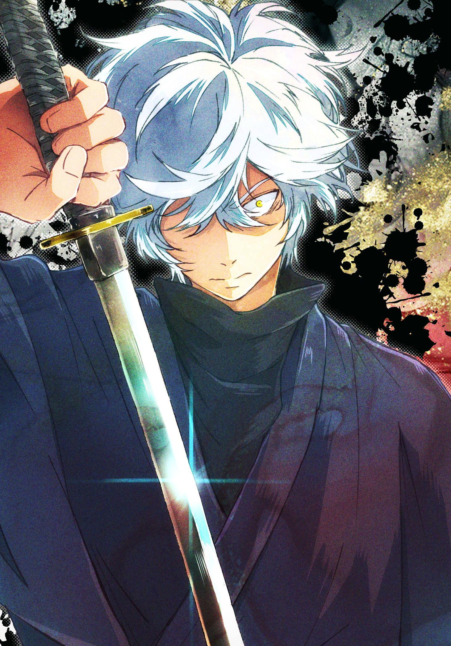 gabimaru, jigokuraku, highres, 1boy, closed mouth, glint, holding, holding sword, holding weapon, japanese clothes, looking at viewer, male focus, nemuridake, one eye covered, solo, splatter, sword, weapon, yellow eyes