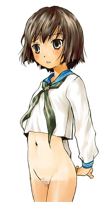 tamaoki benkyou, original, bad id, bad pixiv id, 1girl, blush, bottomless, brown eyes, brown hair, censored, female focus, loli, no panties, school uniform, serafuku, short hair, solo, tan
