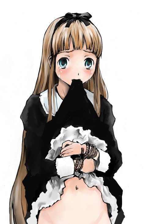 tamaoki benkyou, original, bad id, bad pixiv id, 1girl, bdsm, blush, bondage, bound, bound wrists, brown hair, clothes in mouth, clothes lift, female focus, gothic lolita, green eyes, loli, lolita fashion, long hair, mouth hold, out-of-frame censoring, rope, skirt, skirt in mouth, skirt lift, solo, tears