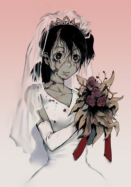 tamaoki benkyou, original, bad id, bad pixiv id, 1girl, black eyes, black hair, bride, dress, elbow gloves, female focus, flower, gloves, solo, stitches, wedding dress, zombie