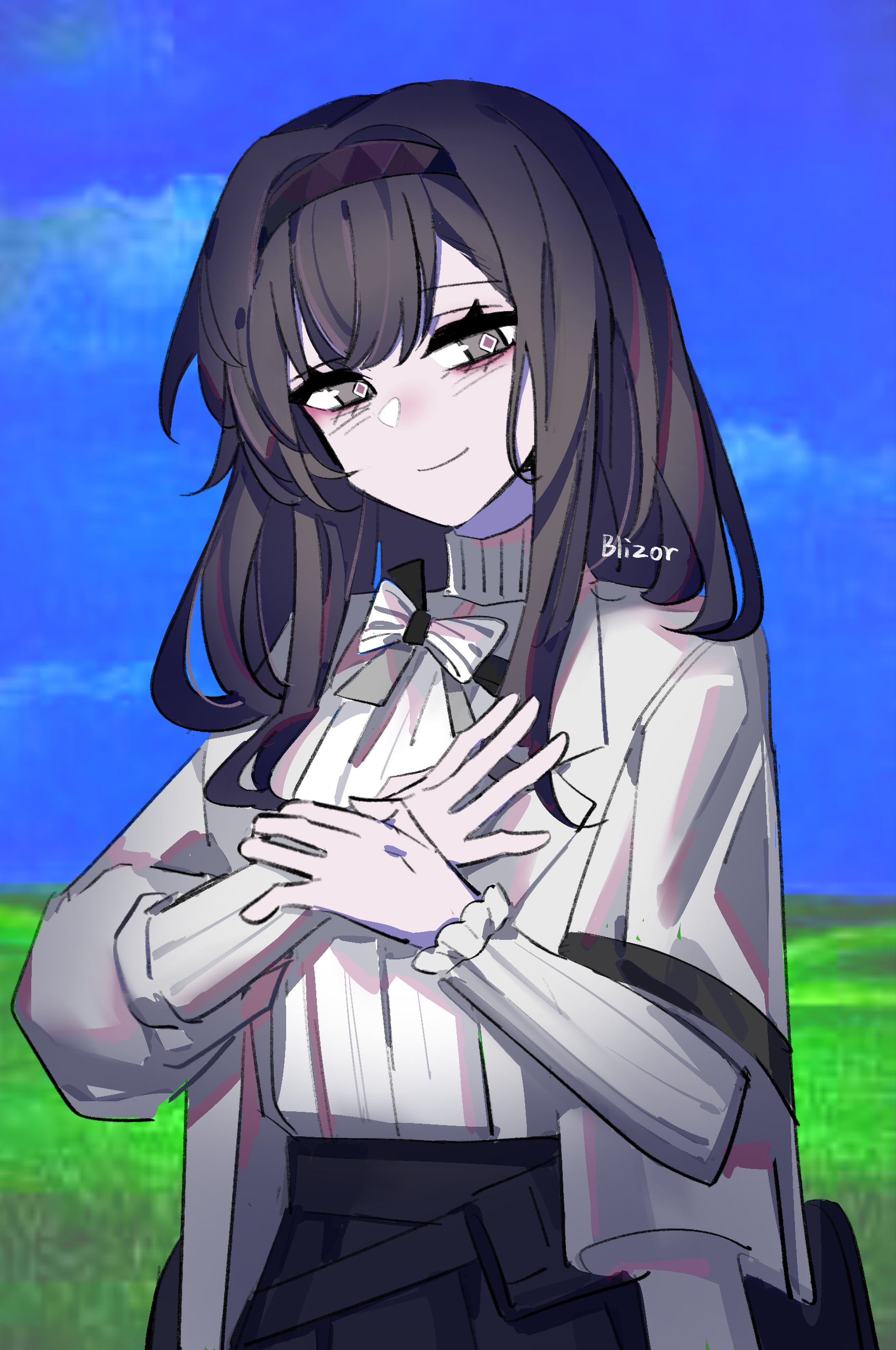blissfulrainbizhuo, priestess (arknights), arknights, absurdres, chinese commentary, commentary request, highres, 1girl, black eyes, black hair, black hairband, bow, closed mouth, coat, day, diamond-shaped pupils, diamond (shape), grey coat, hairband, hand on own chest, hand on own wrist, horizon, lab coat, lapels, light smile, long sleeves, looking at viewer, medium hair, outdoors, solo, sweater, symbol-shaped pupils, turtleneck, turtleneck sweater, upper body, white bow, white sweater