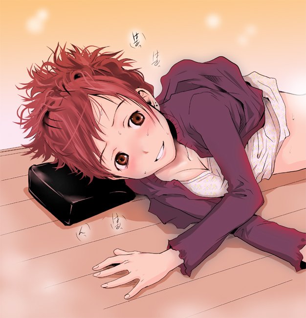 tamaoki benkyou, original, bad id, bad pixiv id, bag, blush, brown eyes, lying, red hair, short hair, sweat