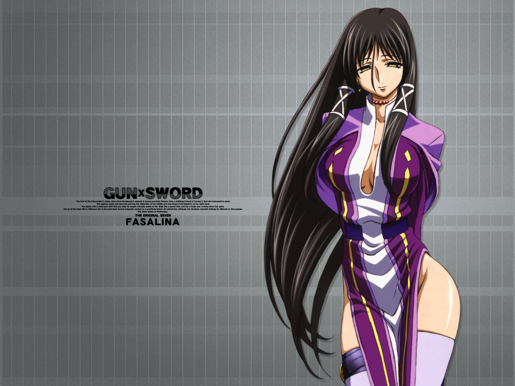 fasalina, gunxsword, third-party edit, 1girl, black hair, breasts, cleavage, empty eyes, female focus, large breasts, long hair, solo, thigh strap, thighhighs