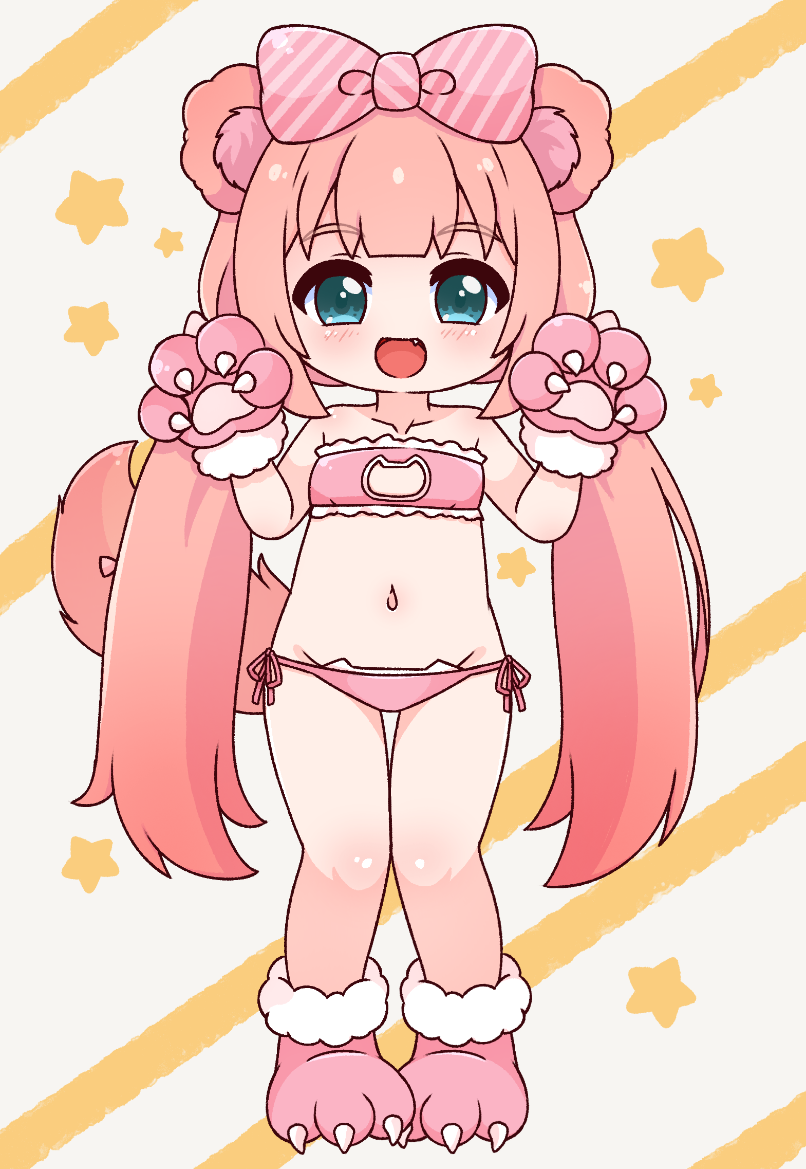 2kaze, chromu, indie virtual youtuber, highres, 1girl, :d, animal ears, animal hands, bow, clothing cutout, fang, full body, gloves, hair bow, long hair, looking at viewer, navel, open mouth, paw gloves, paw shoes, pink bow, smile, solo, tail, twintails, very long hair
