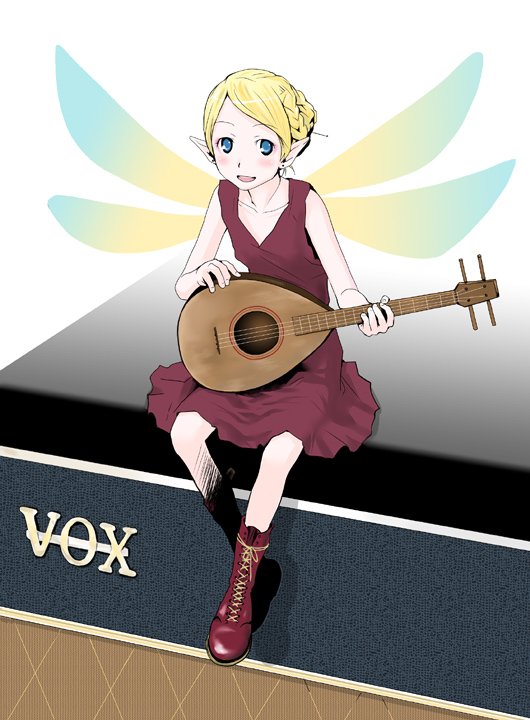 tamaoki benkyou, bad id, bad pixiv id, 1girl, amplifier, blonde hair, blue eyes, boots, braid, dress, fairy, female focus, guitar, instrument, lute (instrument), mandolin, mini person, minigirl, pointy ears, short hair, sitting, smile, solo, wings