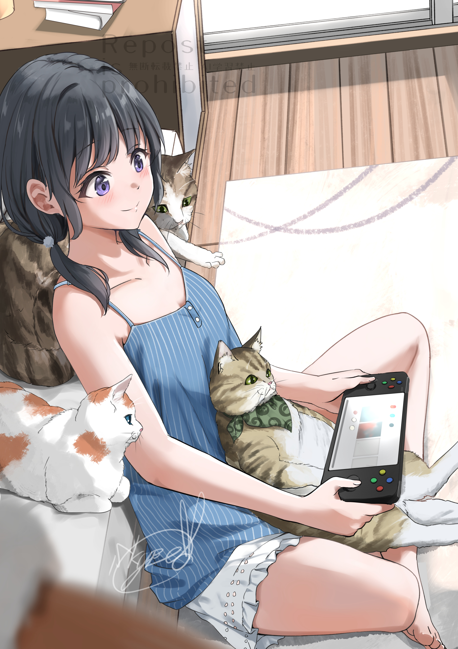 soragane (banisinngurei), original, commentary request, highres, 1girl, animal, animal on lap, bed, black hair, blue camisole, blurry, blurry foreground, blush, book, book stack, breasts, camisole, carpet, cat, cat on lap, closed mouth, clothed animal, collarbone, depth of field, door, frilled skirt, frills, from above, glass door, handheld game console, holding, holding handheld game console, indian style, indoors, leaning back, living room, looking down, low twintails, medium hair, multiple cats, on floor, on lap, purple eyes, signature, sitting, skirt, slice of life, sliding doors, small breasts, smile, solo, table, twintails, watermark, white skirt, wooden floor