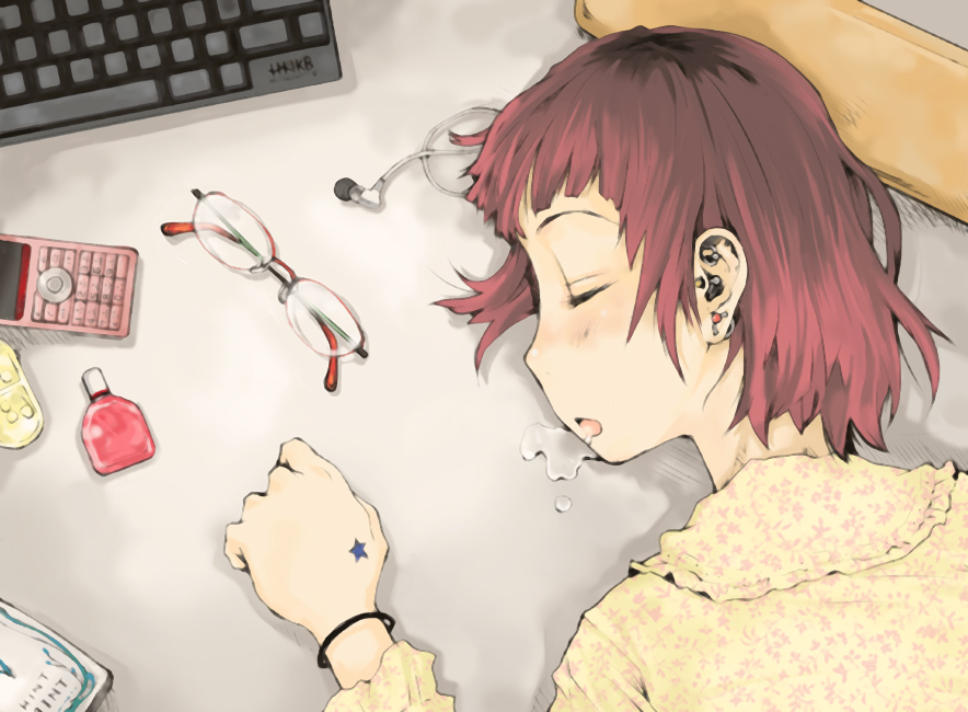 tamaoki benkyou, original, bad id, bad pixiv id, 1girl, bracelet, closed eyes, ear piercing, earrings, female focus, glasses, jewelry, piercing, red hair, saliva, short hair, sleeping, solo, star (symbol), star tattoo, tattoo