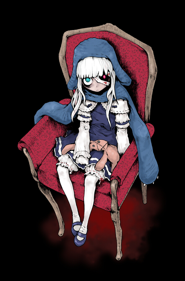 tamaoki benkyou, anorak, original, bad id, bad pixiv id, 1girl, aqua eyes, bandages, blood, bloomers, chair, crazy eyes, dress, female focus, from above, full body, glowing, glowing eyes, gothic lolita, hood, lolita fashion, long hair, looking up, scar, sitting, solo, stitches, stuffed animal, stuffed toy, underwear, white hair, zombie
