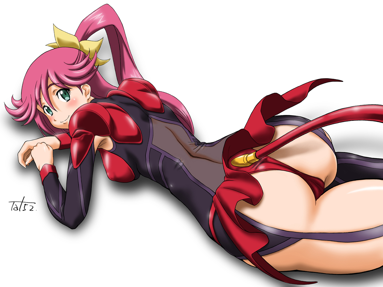 ta152 (graf zeppelin), priscilla (gunxsword), gunxsword, 1girl, armpits, ass, blush, bodysuit, female focus, green eyes, long hair, lying, on stomach, pink hair, ponytail, signature, skirt, smile, solo, tail