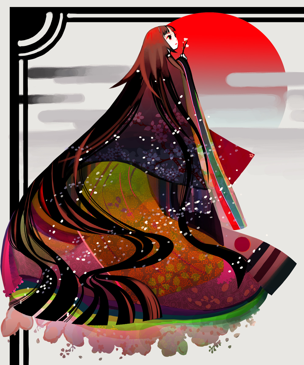 mikeneko (pontiki), original, pixiv fantasia, highres, 1girl, absurdly long hair, bijin, egasumi, female focus, flower, full body, heian, japanese clothes, juunihitoe, karaginu mo, kimono, layered clothes, layered kimono, long hair, petals, red sun, solo, sun, very long hair