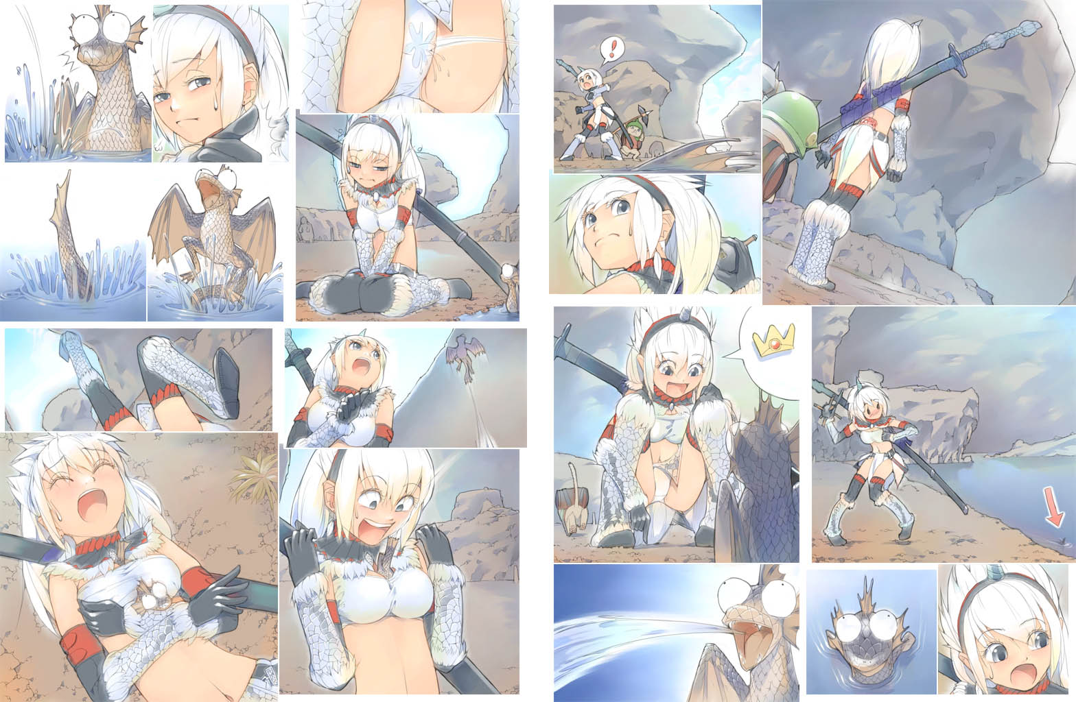 akinbo (hyouka fuyou), felyne, plesioth, capcom, monster hunter (series), bad id, bad pixiv id, !, 1girl, armor, comic, crown, dragon, kirin (armor), lake, long hair, midriff, monster, panties, underwear, white hair