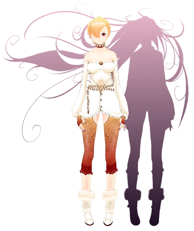 nanahime, original, bad id, bad pixiv id, bare shoulders, blonde hair, collar, detached sleeves, fingerless gloves, gloves, hair over one eye, legs, no bra, red eyes, shadow, short hair, solo