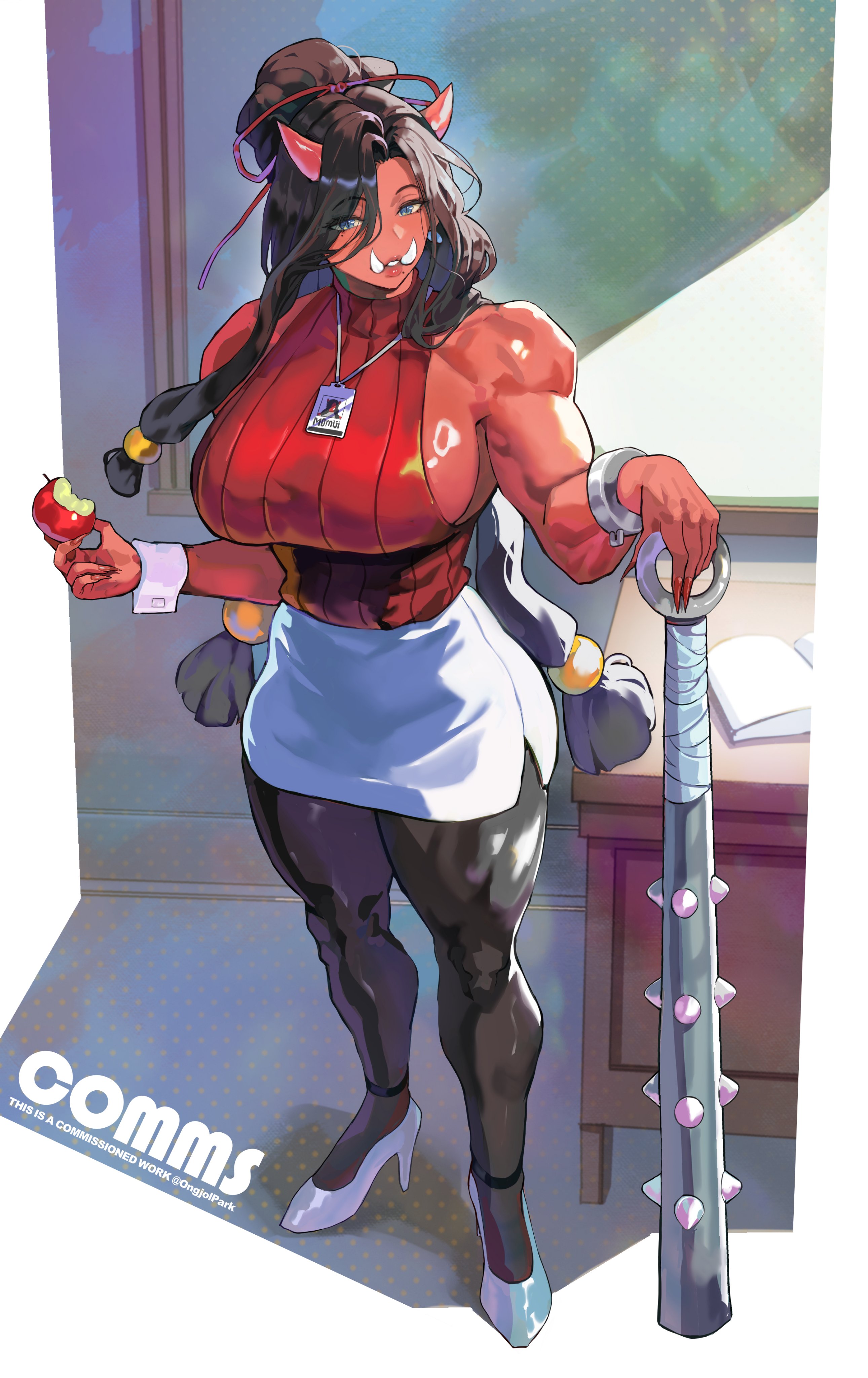 park ongjol, original, absurdres, character request, commentary, commission, english commentary, highres, 1girl, apple, bare arms, bare shoulders, beads, bitten apple, black hair, black pantyhose, blue eyes, book, breasts, club, club (weapon), colored skin, cuffs, desk, food, food bite, fruit, full body, hair beads, hair ornament, high heels, holding, holding club, holding food, holding fruit, holding weapon, horns, id card, kanabou, lanyard, large breasts, long hair, looking at viewer, low twintails, miniskirt, mole, mole under eye, mole under mouth, muscular, muscular female, name tag, oni, open book, pantyhose, parted bangs, parted lips, pencil skirt, red oni, red skin, red sweater, ribbed sweater, shackles, shoes, sideboob, skirt, sleeveless, sleeveless sweater, sleeveless turtleneck, solo, spiked club, standing, sweater, sweater tucked in, thick thighs, thighs, turtleneck, turtleneck sweater, tusks, twintails, very long hair, weapon, white shoes, white skirt, white wrist cuffs, wrist cuffs