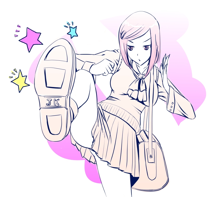 nanahime, bad id, bad pixiv id, bag, fighting stance, hair ornament, hairclip, kicking, long hair, monochrome, panties, pantyshot, pink hair, school uniform, serafuku, skirt, solo, underwear