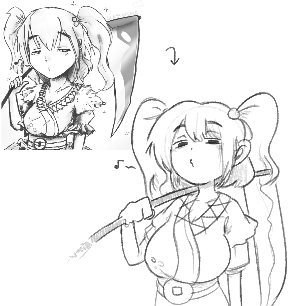 slascoplerd, onozuka komachi, touhou, 1girl, greyscale, holding, holding scythe, looking at viewer, monochrome, musical note, sash, scythe, short twintails, solo, spoken musical note, twintails, upper body, whistling