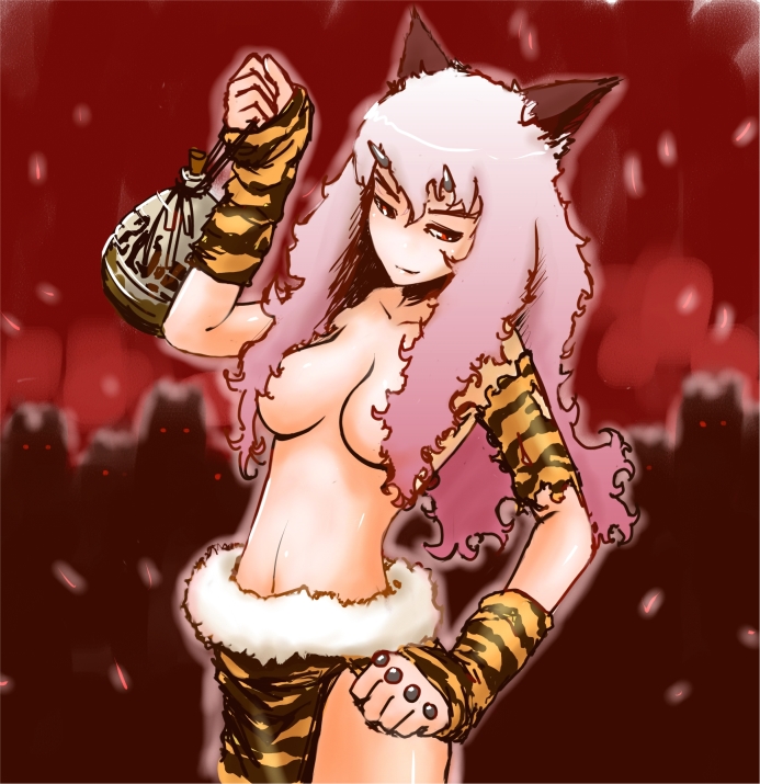 nanahime, pixiv fantasia, pixiv fantasia 1, bad id, bad pixiv id, 1girl, alcohol, animal ears, animal print, breasts, female focus, horns, large breasts, long hair, no bra, oni, pink hair, red eyes, sake, solo, tiger print, topless female