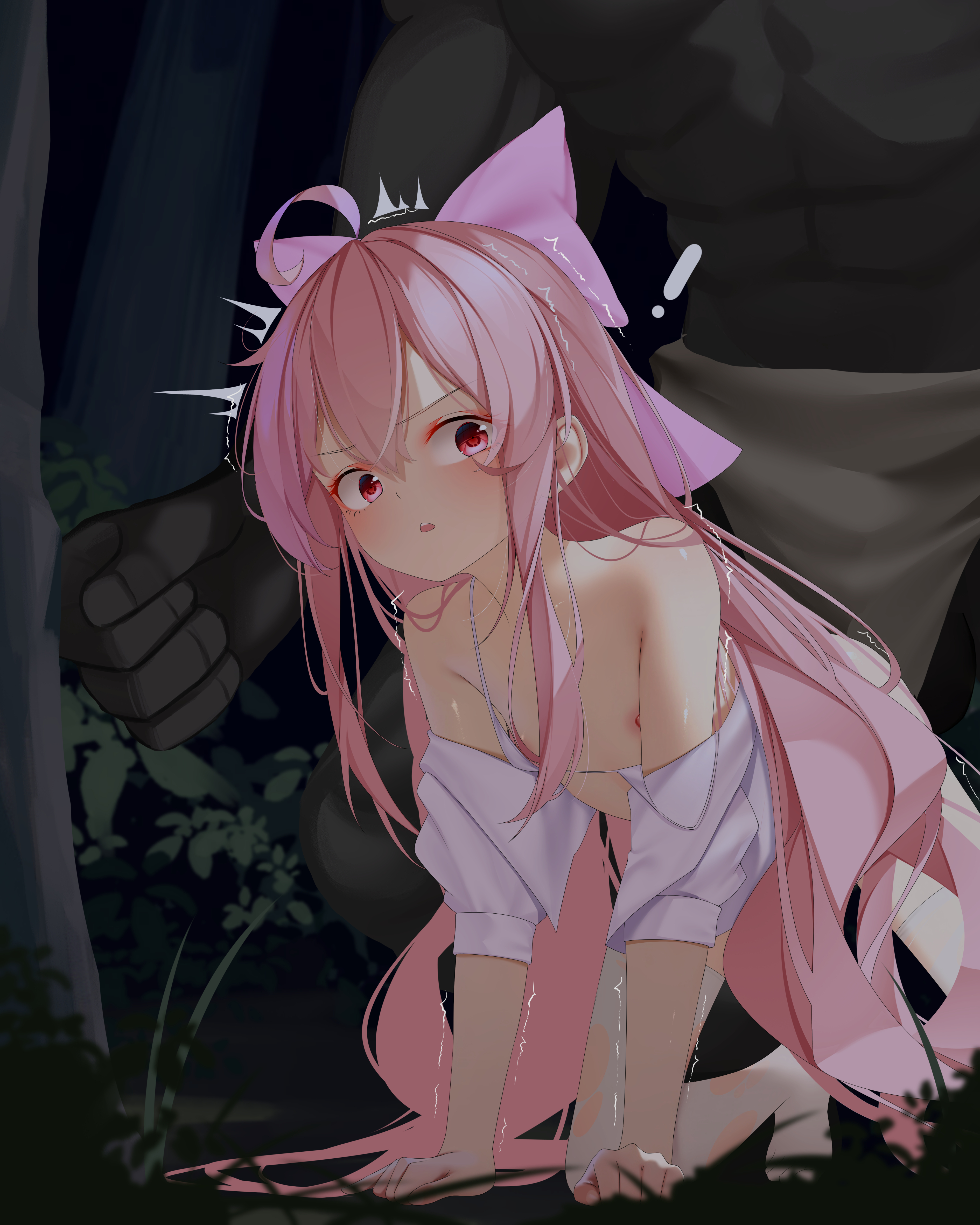 lingdu kejian zhu, dungeon and fighter, absurdres, commission, highres, !, 1boy, 1girl, all fours, bow, bra, flat chest, forest, hair bow, long hair, looking at another, minotaur, nature, off shoulder, open clothes, open shirt, pink hair, red eyes, shirt, size difference, surprised, tears, thighhighs, torn clothes, torn thighhighs, tree, trembling, underwear, very long hair, white bra, white shirt, white thighhighs