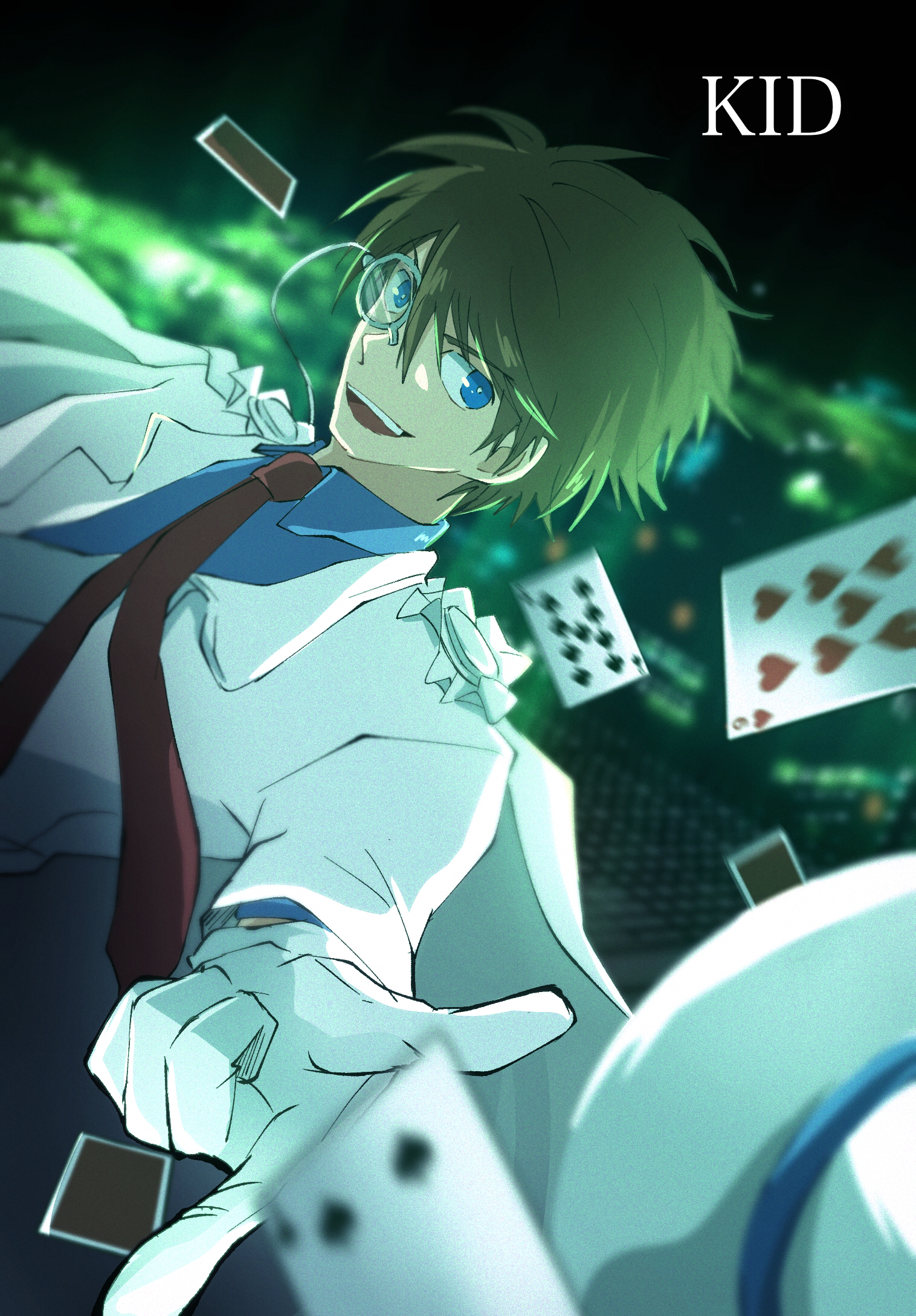 kaitou kid, magic kaito, highres, 1boy, blue eyes, brown hair, card, collared shirt, gloves, index finger raised, jacket, looking at viewer, male focus, monocle, motion blur, necktie, nemuridake, nine of hearts, nine of spades, open mouth, outdoors, playing card, red necktie, shirt, short hair, solo, white gloves, white jacket