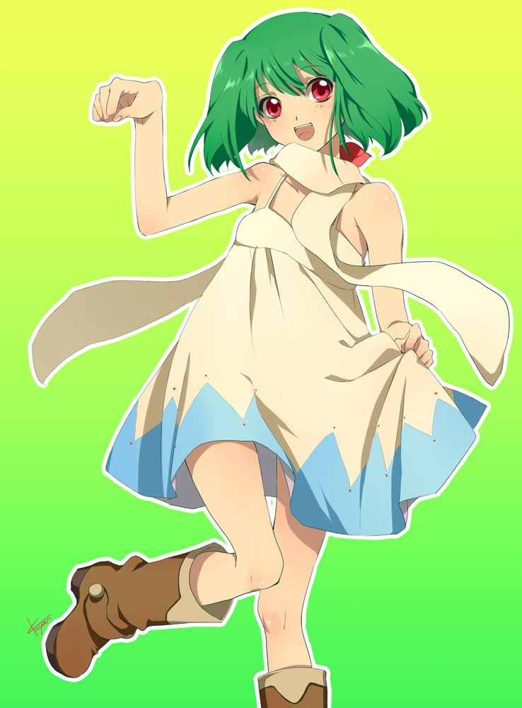 kayou (kayou-bi), ranka lee, macross, macross frontier, 00s, 1girl, bare shoulders, boots, dancing, dress, female focus, green hair, nyan-nyan dance, open mouth, red eyes, scarf, simple background, smile, solo, sundress