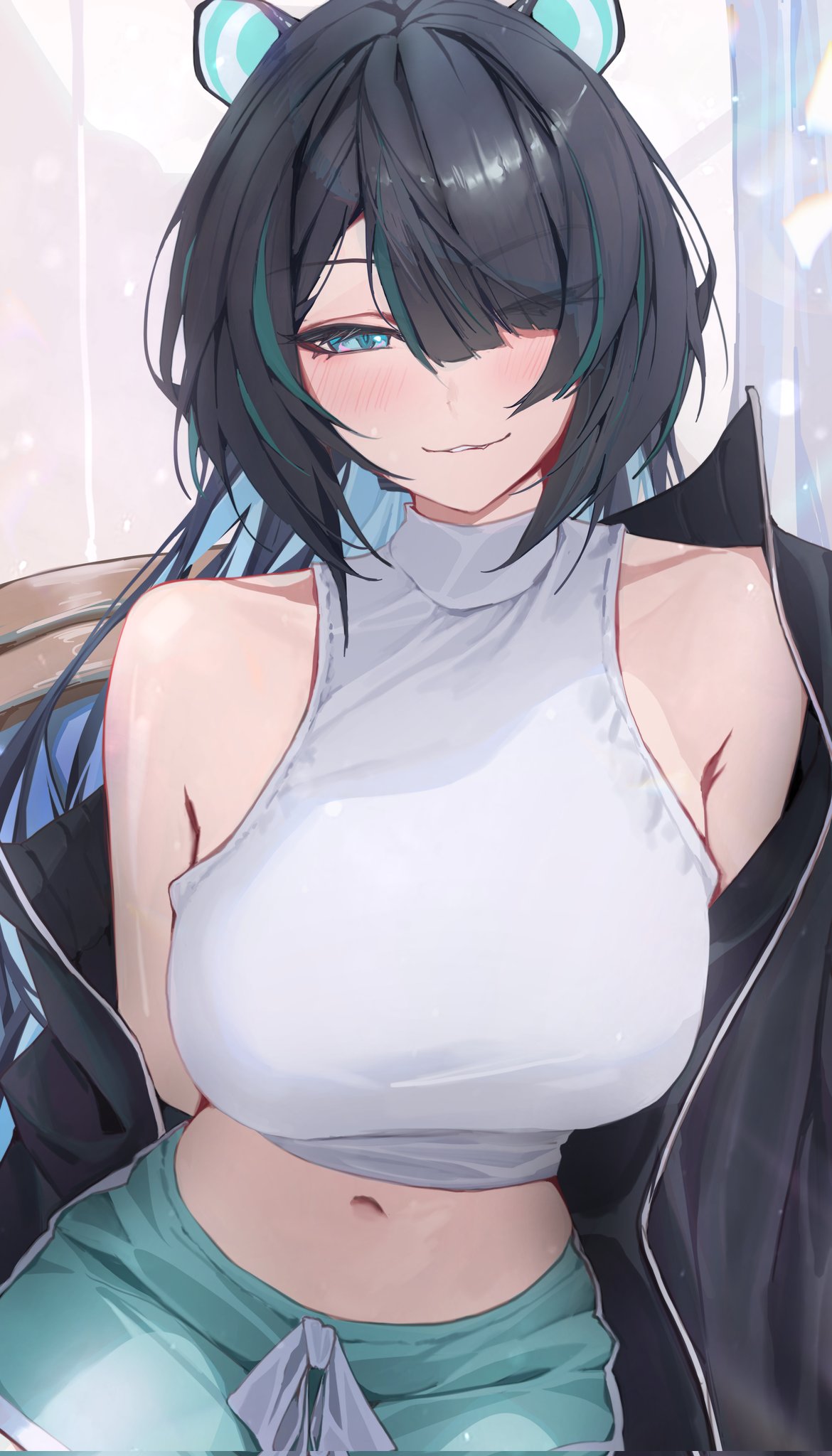 yoellim5, erina makina, phase connect, corrupted twitter file, highres, second-party source, 1girl, animal ears, aqua hair, black hair, black jacket, blue eyes, breasts, green shorts, hair over one eye, jacket, large breasts, midriff, multicolored hair, navel, shirt, shorts, sleeveless, sleeveless shirt, solo, streaked hair, tiger ears, tiger girl, virtual youtuber, white shirt