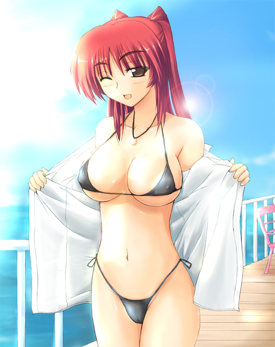 zekkyon, kousaka tamaki, to heart (series), to heart 2, 00s, 1girl, balcony, bikini, breasts, brown eyes, cameltoe, day, dress shirt, female focus, grey bikini, highleg, highleg bikini, jewelry, large breasts, lens flare, long hair, micro bikini, navel, necklace, one eye closed, open clothes, open shirt, red hair, shiny skin, shirt, side-tie bikini bottom, solo, sun, swimsuit, wink
