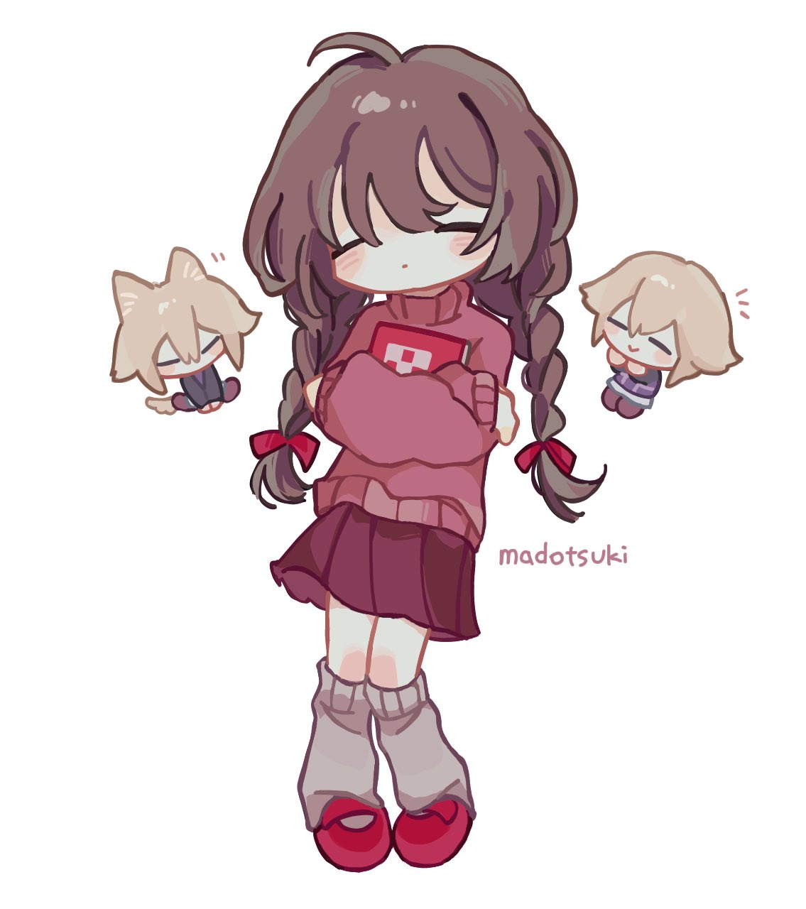 madotsuki, urotsuki, yume 2kki, yume nikki, highres, 2girls, :>, ahoge, animal ears, blonde hair, braid, brown hair, character name, closed eyes, closed mouth, crossed arms, dot mouth, grey leg warmers, hair ribbon, leg warmers, light blush, long hair, long sleeves, low twin braids, marie brag77854, mary janes, multiple girls, notice lines, pink sweater, purple skirt, red ribbon, red shoes, ribbon, shoes, sidelocks, sitting, skirt, standing, sweater, tail, turtleneck, turtleneck sweater, twin braids, wolf ears, wolf girl, wolf tail