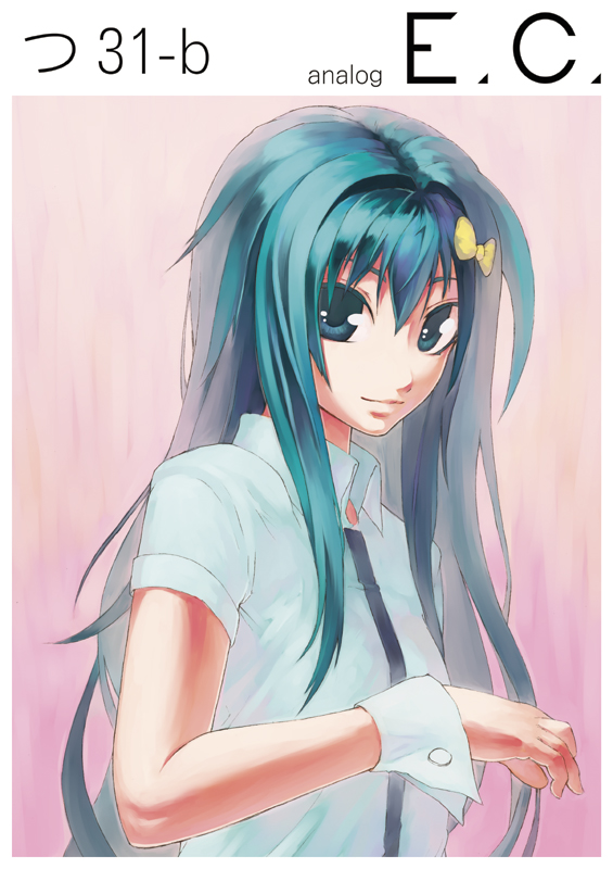 original, 1girl, blue eyes, blue hair, female focus, green eyes, long hair, looking at viewer, matching hair/eyes, pink background, shirt, short sleeves, simple background, solo, upper body, very long hair, white shirt, wrist cuffs